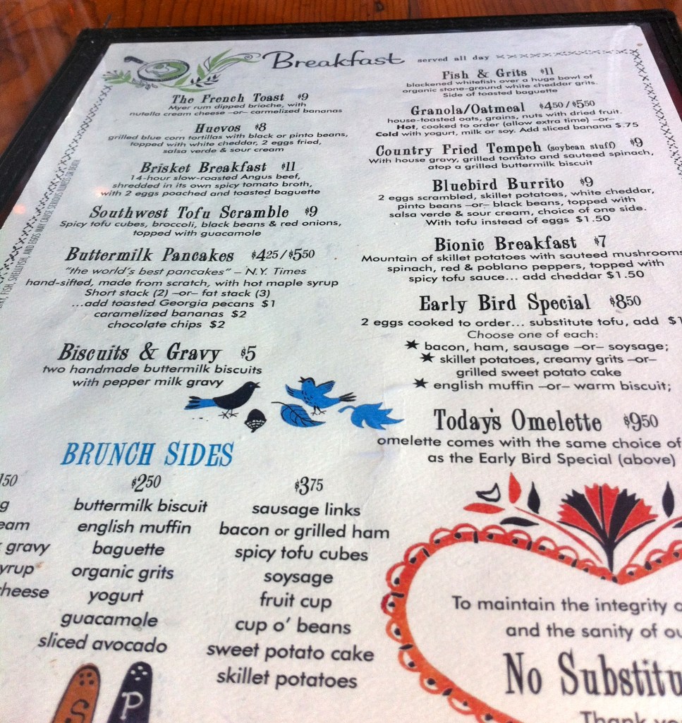 Ria's Bluebird Menu